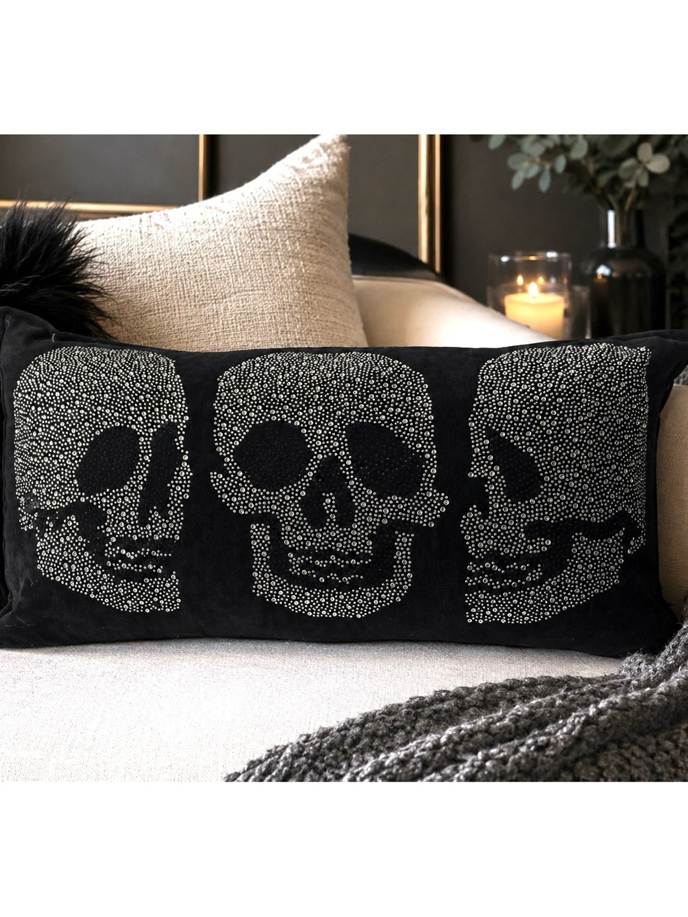 Magaschoni Home Velvet Lumbar Pillow – 3 Rhinestone Skulls – Down Filled – EUC